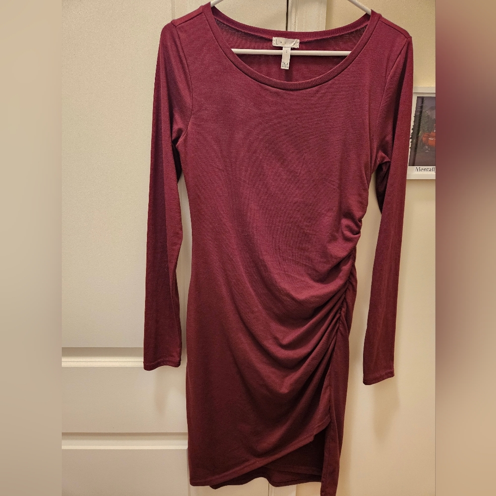 Leith Brand From Nordstrom Maroon Long Sleeve Side Ruched Dress Small